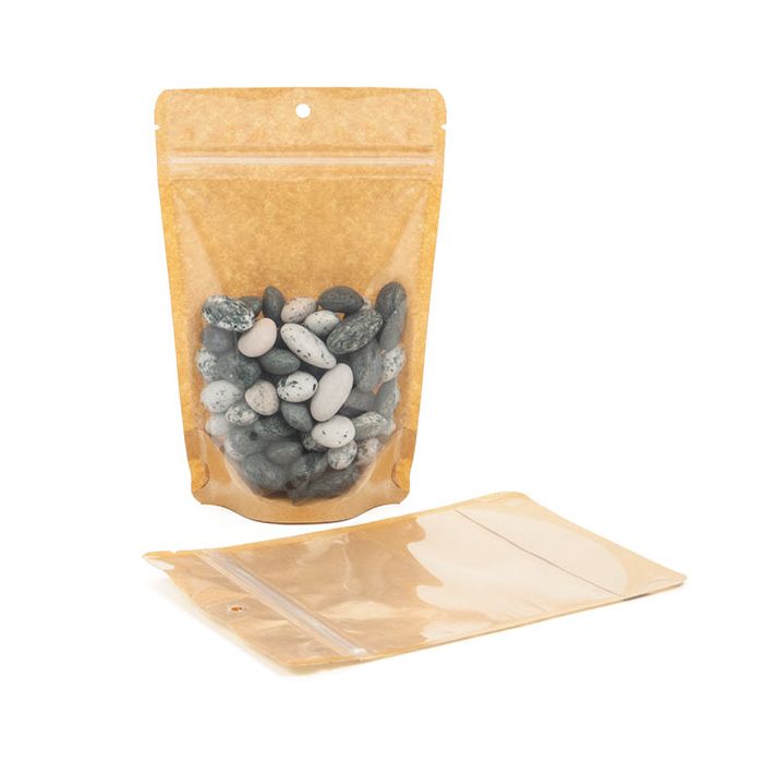 Standbodenbeutel Transparent/Kraft 12x7.5x18.5cm mit Aufhängeloch | 110 Gramm (100 Stück) [ZBGKC46H]