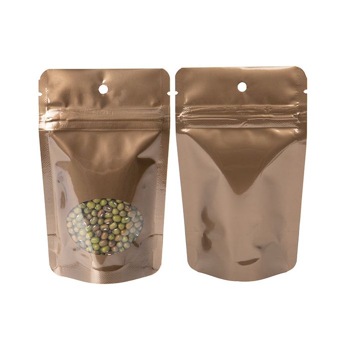 Standbodenbeutel Bronze 8x5x13cm mit Fenster & Aufhängeloch |28 Gramm (100 Stück) [ZBGO1BZH]