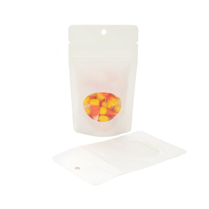 Standbodenbeutel Kraft Weiß 8x5x13cm | 28 Gramm mit Fenster & Aufhängeloch (100 Stück) [ZBGO1WKH]