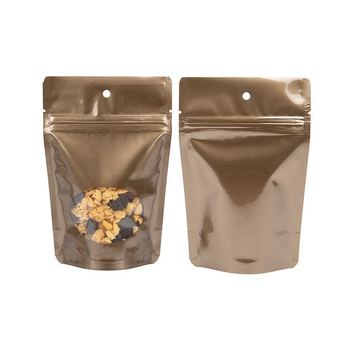 Standbodenbeutel Bronze 10.2x6x15.2cm | 57 Gramm mit Fenster & Aufhängeloch (100 Stück) [ZBGO2BZH]