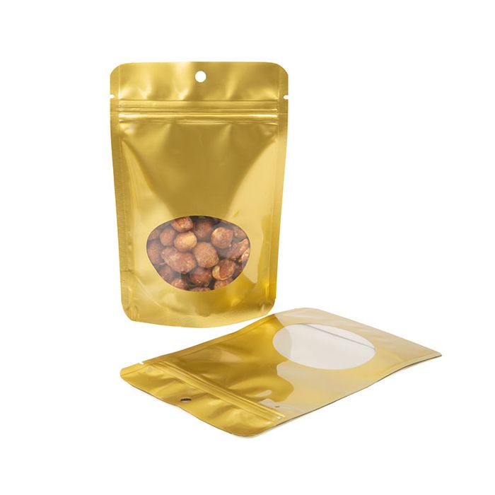 Standbodenbeutel Gold mit rundem Sichtfenster & Aufhängeloch 10.2x6x15.2cm 57 Gramm (100 Stück) [ZBGO2GH]
