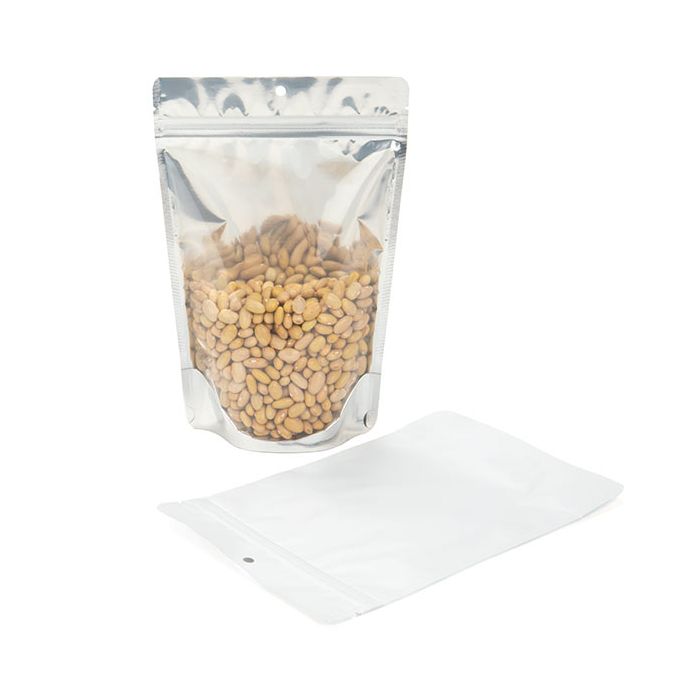 Standbodenbeutel Transparent/Weiß 14.9x8.9x23.2cm mit Aufhängeloch | 310 Gramm (100 Stück) [ZBGW7H]