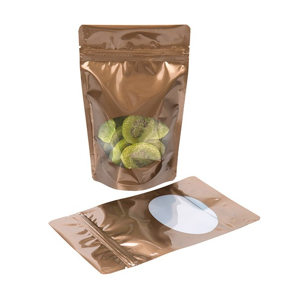 Standbodenbeutel Bronze 13x7x20.5cm | 110 Gramm mit rundem Fenster (100 Stück) [ZBGO3BZ]