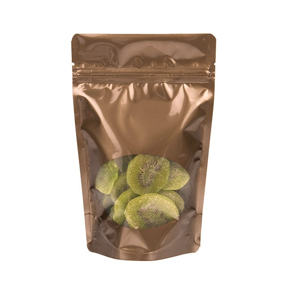 Standbodenbeutel Bronze 13x7x20.5cm | 110 Gramm mit rundem Fenster (100 Stück) [ZBGO3BZ]