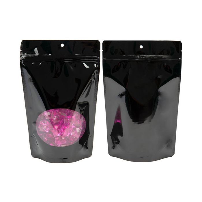 Standbodenbeutel Schwarz mit rundem Sichtfenster & Aufhängeloch 14.9x8.9x23.2cm 310 Gramm (100 Stück) [ZBGO7BH]