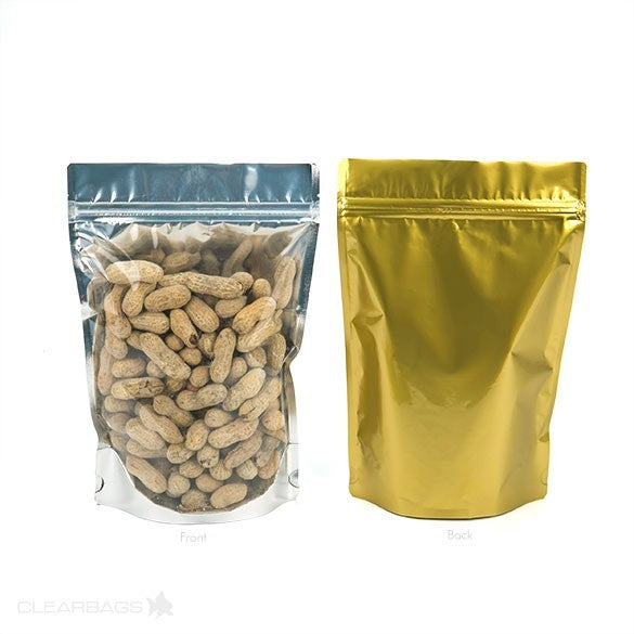 Standbodenbeutel Transparent/Gold 17.8x9.8x25.2cm | 280 Gramm (100 Stück) [ZBGG69]