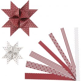Papierstreifen für Fröbelsterne, L 44+78 cm, D 6,5+11,5 cm, B 15+25 mm, Rot, Weiß, 60 Streifen/ 1 Pck [HOB-22248]