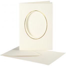 Passepartout-Karten mit Kuvert, Ovaler Ausschnitt mit Goldkante, Kartengröße 10,5x15 cm, Umschlaggröße 11,5x16,5 cm, Naturweiß, 10 Set/ 1 Pck [HOB-23724]