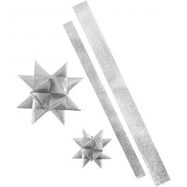Papierstreifen für Sterne, L 86+100 cm, D 11,5+18,5 cm, B 25+40 mm, Glitter silber, 16 Streifen/ 1 Pck [HOB-24349]