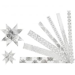 Papierstreifen für Fröbelsterne, L 44+78 cm, B 15+25 mm, D 6,5+11,5 cm, Silber, Weiß, 48 Streifen/ 1 Pck [HOB-24360]