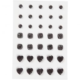 Strasssteine, rund, quadratisch, herzförmig, Größe 6+8+10 mm, Schwarz, 35 Stk/ 1 Pck [HOB-24379]