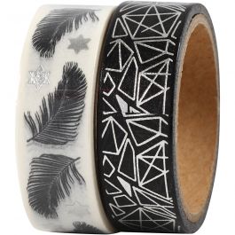 Washi Tape, Federn und graphisches Muster - Glanzfolie, B 15 mm, 2x4 m/ 1 Pck [HOB-24772]