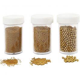 Mini Beads - Sortiment, Größe 0,6-0,8+1,5-2+3 mm, Gold, 3x45 g/ 1 Pck [HOB-28387]
