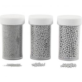 Mini Beads - Sortiment, Größe 0,6-0,8+1,5-2+3 mm, Silber, 3x45 g/ 1 Pck [HOB-28388]