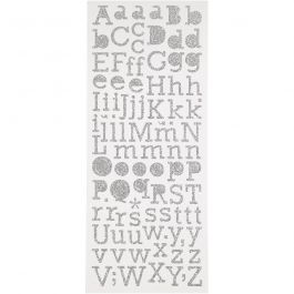 Sticker mit Glitter, Buchstaben, Blatt 10x24 cm, Silber, 2 Bl./ 1 Pck [HOB-29108]