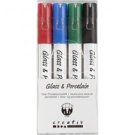 Glas-/Porzellanmalstift, Strichstärke 1-2 mm, Halbdeckend, Schwarz, Blau, Grün, Rot, 4 Stk/ 1 Pck [HOB-31336]