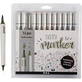 Sketch Marker, Strichstärke 1+2-5 mm, sanfte, dezente Farben, 12 Stk/ 1 Pck [HOB-37379]