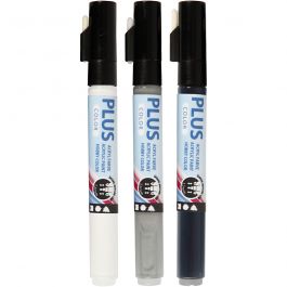 Plus Color Marker, L 14,5 cm, Strichstärke 1-2 mm, Schwarz, Naturweiß, Regengrau, 5,5 ml, 3 Stk/ 1 Pck [HOB-39898]