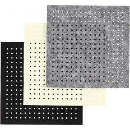 Bastelfilz mit Löchern, Größe 20x20 cm, Dicke 3 mm, Schwarz, Grau, Naturweiß, 3x4 Bl./ 1 Pck [HOB-45208]