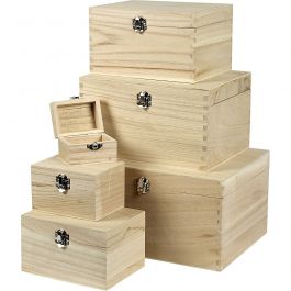 Holzkästen-Set , H 5+7+9+11+13+15 cm, L 8+11,8+15,8+20+24+27,7 cm, B 5,8+8,8+12+15+18+21 cm, 6 Stk/ 1 Set [HOB-57542]