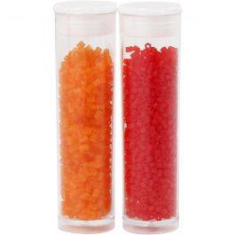 Rocaille Seed Beads 2-cut, D 1,7 mm, Größe 15/0, Lochgröße 0,5 mm, Transparent Orange, Transparent Rot, 2x7 g/ 1 Pck [HOB-68792]