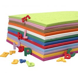 Buchstaben & Zahlen aus Moosgummi, H 20 mm, Dicke 3 mm, Sortierte Farben, 24 Bl. sort./ 1 Pck [HOB-79008]