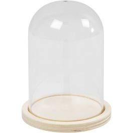 Plastikglas Glocke auf Holzfuß, H 9,5 cm, D 6 cm, Lochgröße 3 mm, 1 Stk [HOB-580820]