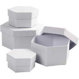 Schachteln, sechseckig, Weiß, H: 4+5+6+7 cm, D: 6,5+8+10+12 cm, 4 Stck./ 1 Set [HOB264070]