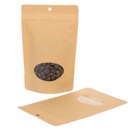 Öko Standbodenbeutel Kraft/Bioplastik 113 Gramm | 13x7.9x20.6cm mit Fenster (100 Stück) [ZBGEO3K]