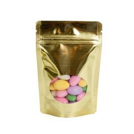 Standbodenbeutel Gold 10.2x6x15.2cm | 57 Gramm mit rundem Fenster (100 Stück) [ZBGMO2SG]