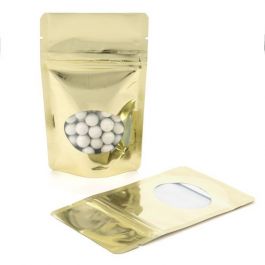 Standbodenbeutel Gold 8x5x13cm | 28 Gramm mit rundem Fenster (100 Stück) [ZBGMO1SG]