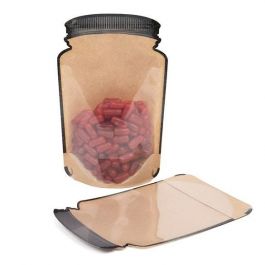 Standbodenbeutel Kraftpapier/Transparent Glasgefäß-Form 13x7.6x20.6cm (100 Stück) [SP3KC]
