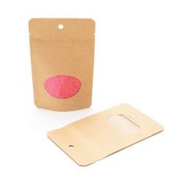 Standbodenbeutel Kraft 8x5x13cm | 28 Gramm mit rundem Fenster & Aufhängeloch (100 Stück) [ZBGO1KH]