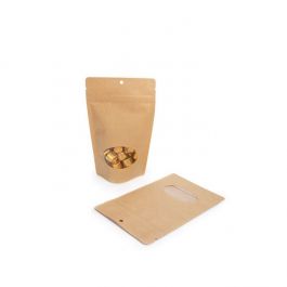 Standbodenbeutel Kraft 13x8x20.5cm | 110 Gramm mit rundem Fenster & Aufhängeloch (100 Stück) [ZBGO3KH]