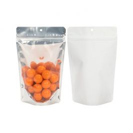 Standbodenbeutel Transparent/Weiß 13x8x20.5cm | 110 Gramm mit Aufhängeloch (100 Stück) [ZBGW3H]